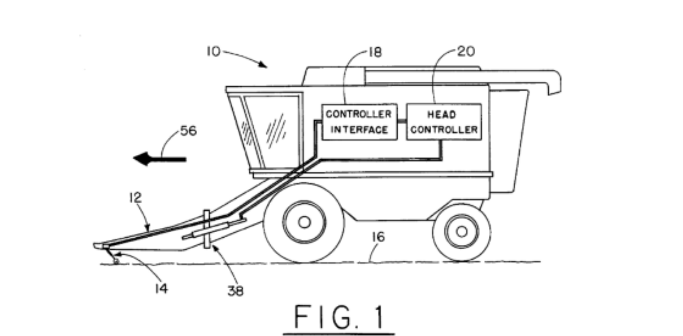Figure 1 of U.S. Patent No. 6,202,395 showing a crop harvester with header, controller interface, and head controller
